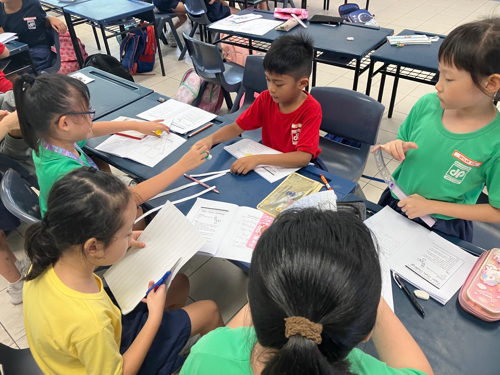 This image shows a group of pupils working on a group project.